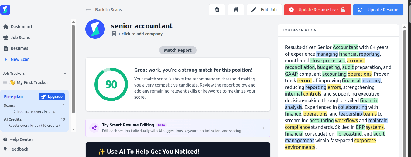 SkillSyncer match report showing 90 percent senior accountant score
