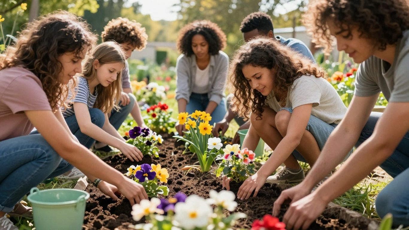 Group of people gathering in community garden