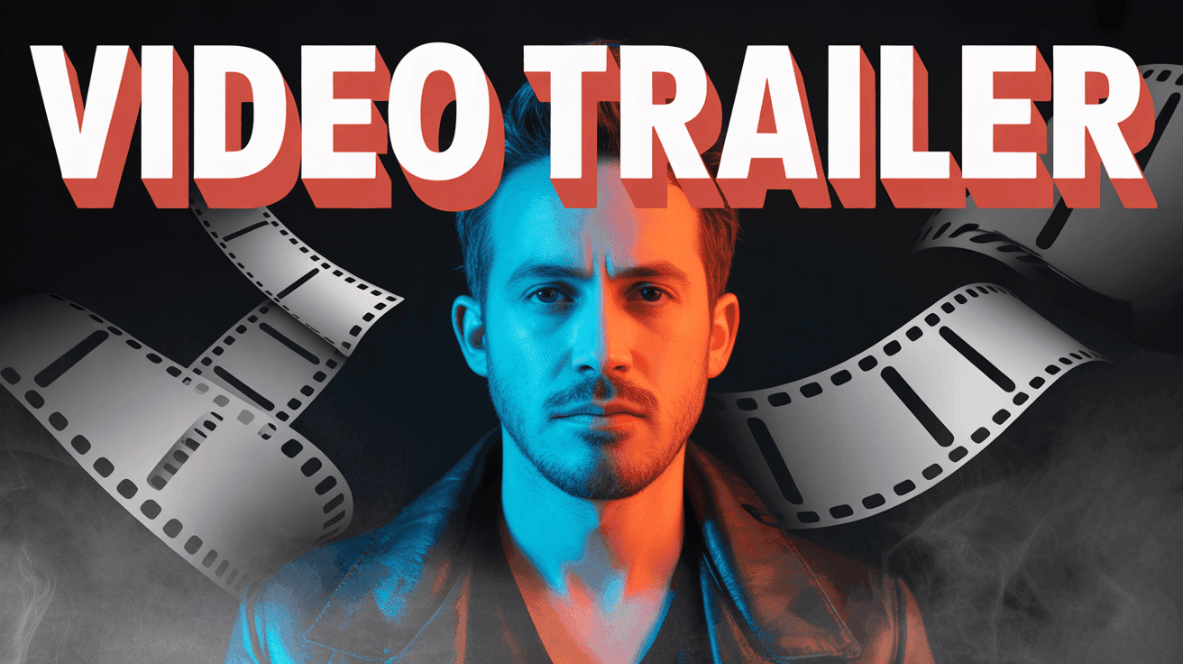 Music Video Trailer Thumbnail Layout, featuring a dramatic solo artist in cinematic lighting with floating film bars and smoke