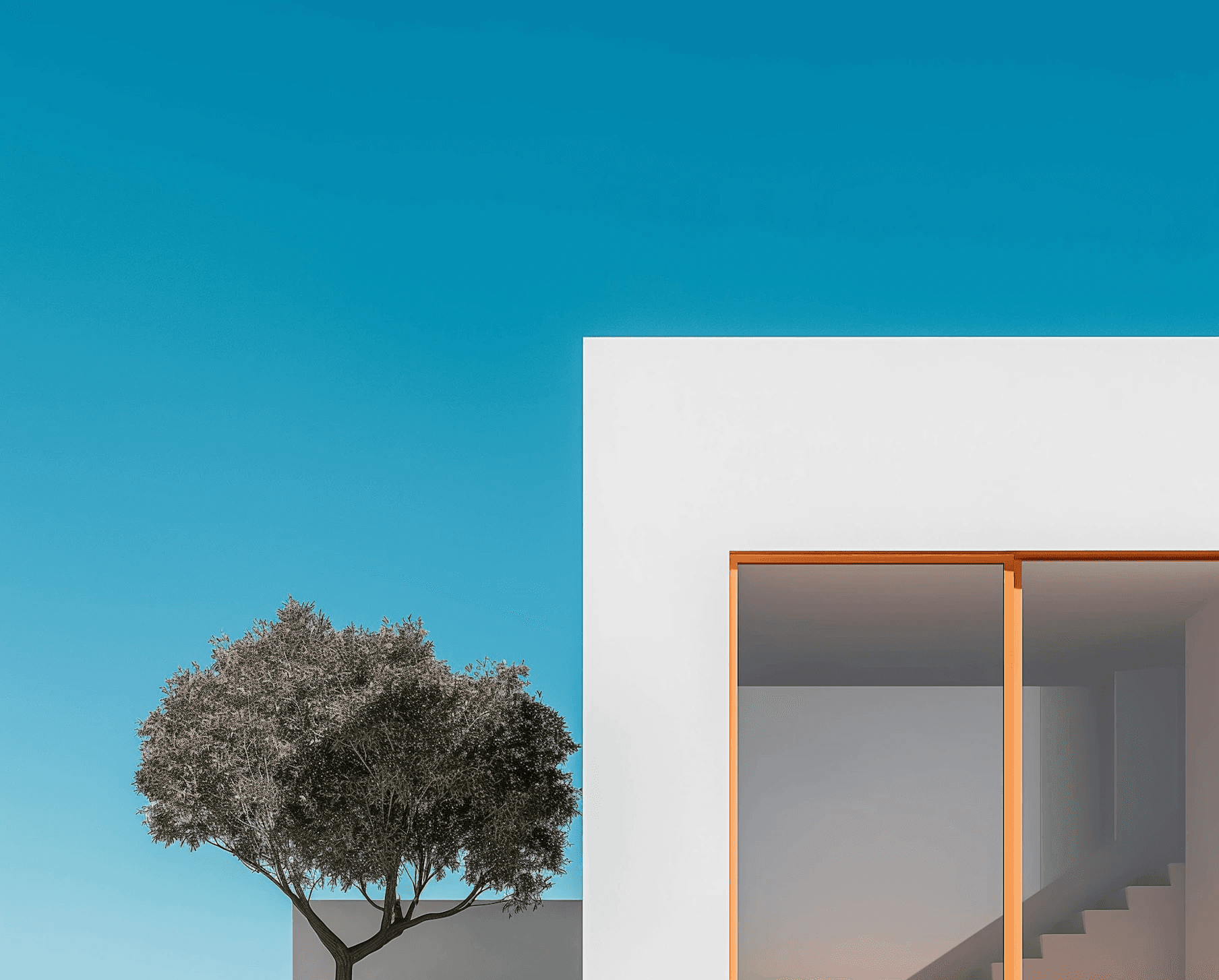Tree beside modern building facade with orange trim.