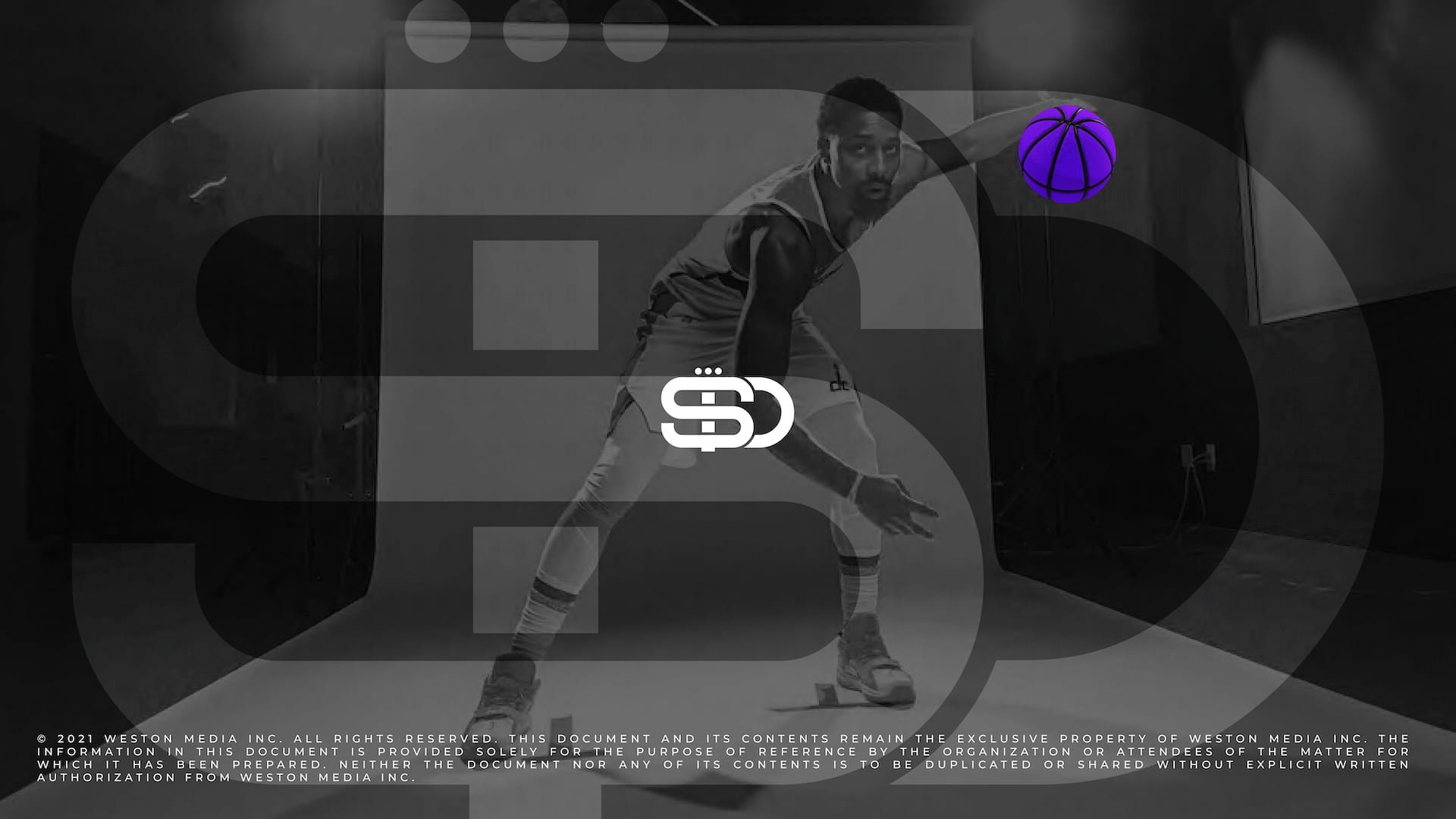 SD.26 brand presentation closing page featuring Spencer Dinwiddie in defensive stance with SD logo, purple basketball, and copyright notice