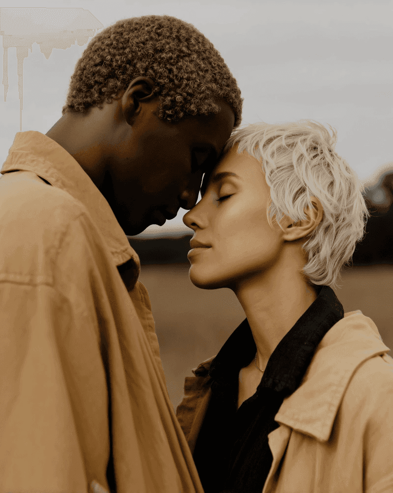 A side-profile of a couple touching foreheads in a serene outdoor setting.