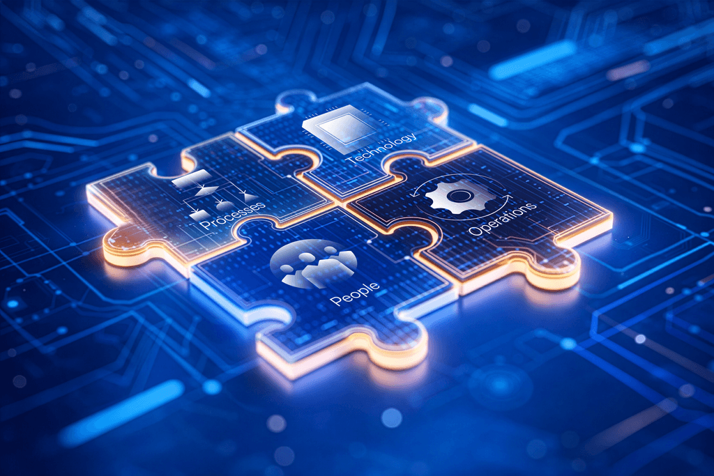 4 Puzzle Teile, die ineinander greifen mit den Aufschriften People, Processes, Technology, Operations
