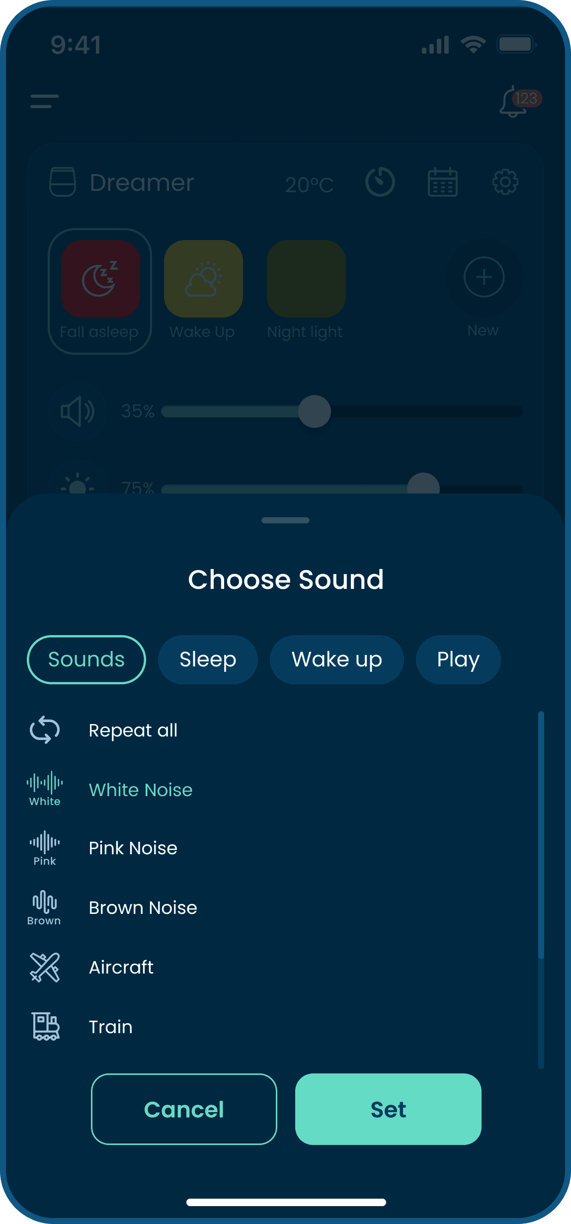 home screen of babysense mobile app with sound and light machine paired and select sound option is open