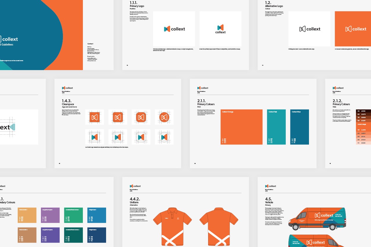 Brand guidelines document for Collext logistics company with pages depicting brand logos, colours, shirt designs and vehicle decals