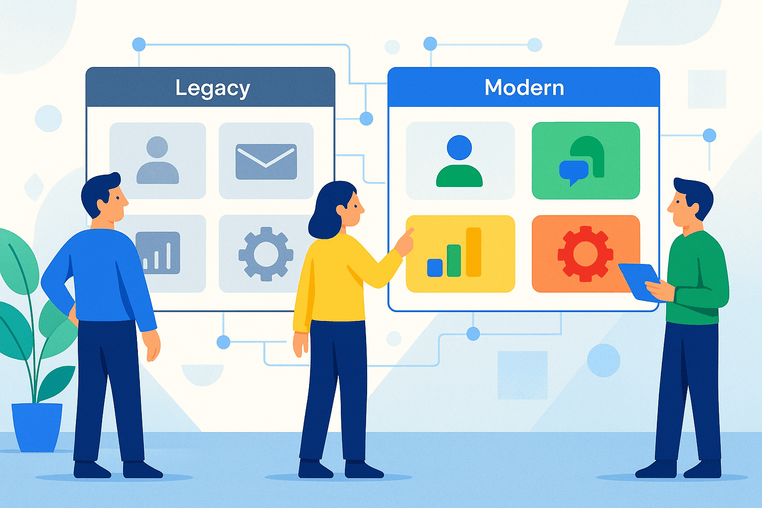 Modern Google-style illustration showing a tech team analysing dashboards comparing legacy (grey) vs modern (colourful) systems with connected data maps and integration lines.