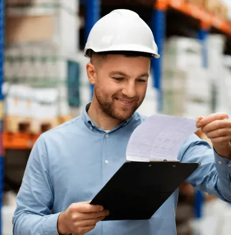 Logistics professional reviewing shipping documents and payment information using automated payment software.