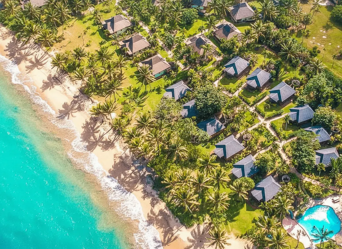 Angled Aerial view of Uprising beach resort in Fiji