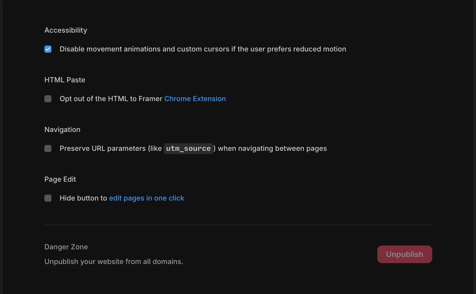 Framer의 사이트 설정(Settings)에서 Reduced Motion을 끄는 방법에 대해 설명합니다.