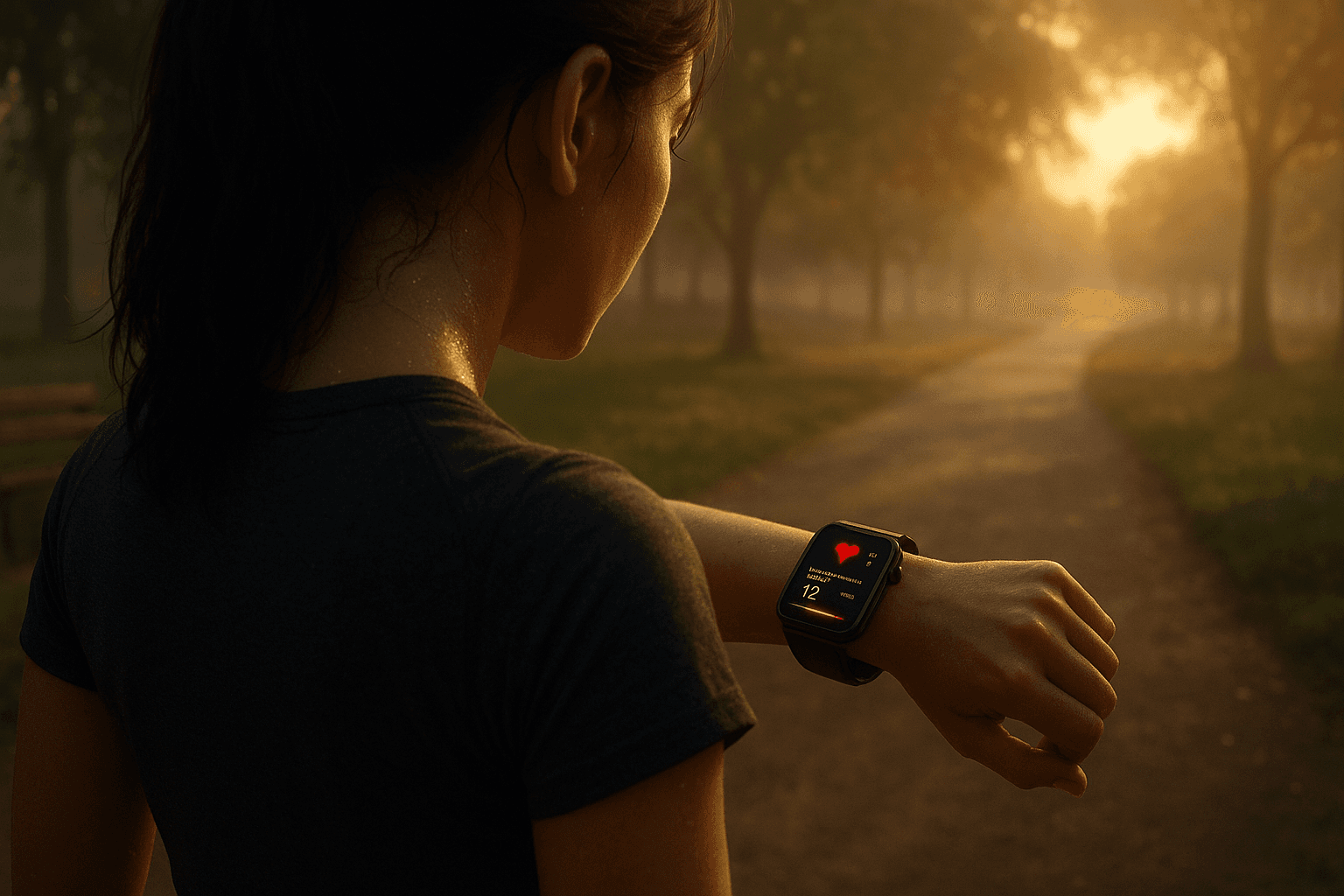 Pixar-style cinematic 3D image of a young Indian woman after a morning jog, viewed from a back-top shoulder angle focusing on her smartwatch displaying metabolic health data like heart rate and insulin balance. The glowing early warning indicator symbolizes rising fasting insulin levels and the importance of early detection through health monitoring. Educational, cinematic, and awareness-driven illustration designed for Lyxaa.in’s blog on fasting insulin and metabolic health.