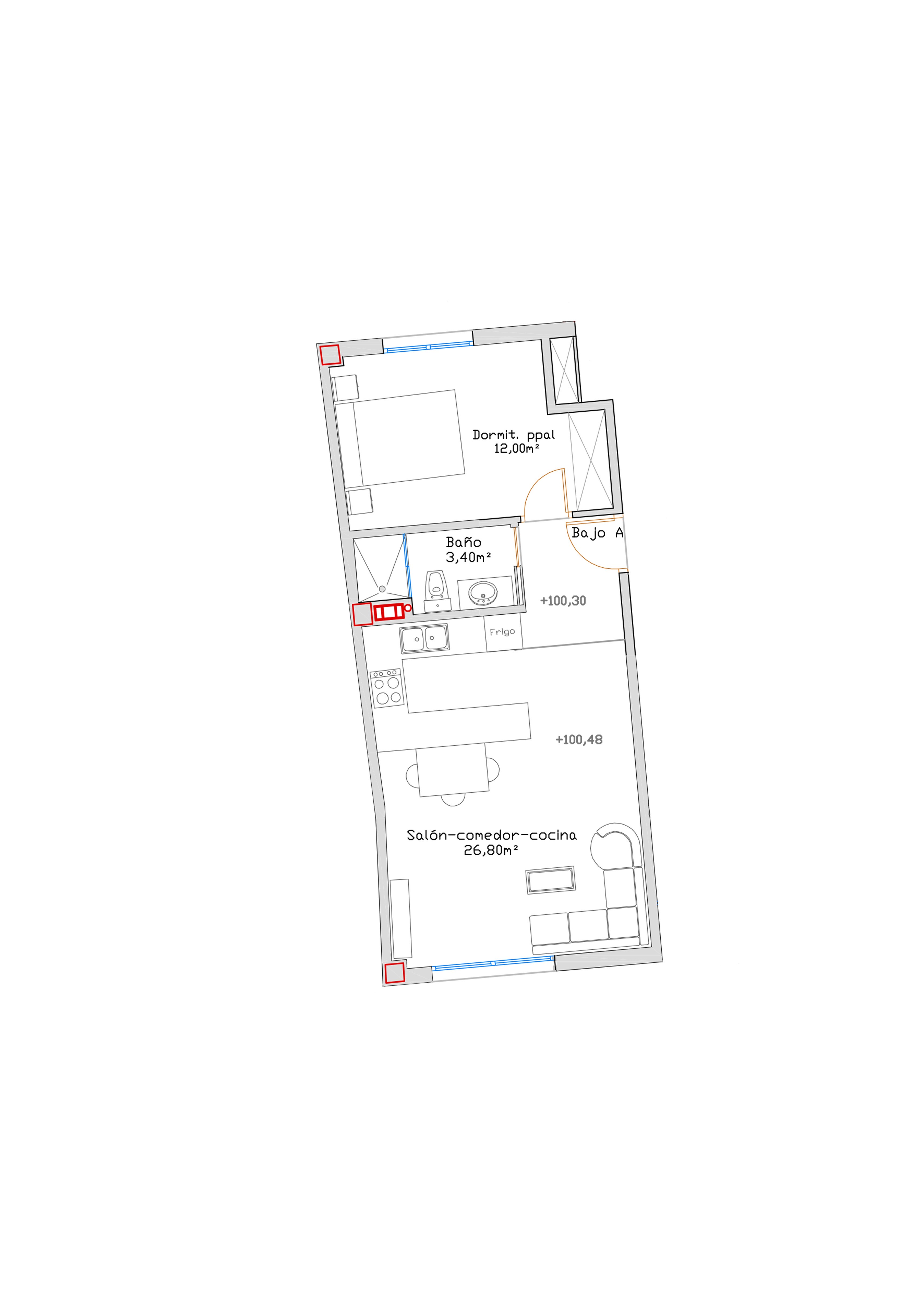 Interior render: open-plan kitchen and living area with ducted AC in new-build apartment, Málaga city centre
