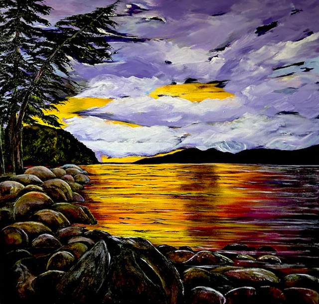 A dramatic scene of a sunset bursting through the cloudy sky, illuminating the water with a golden glow.