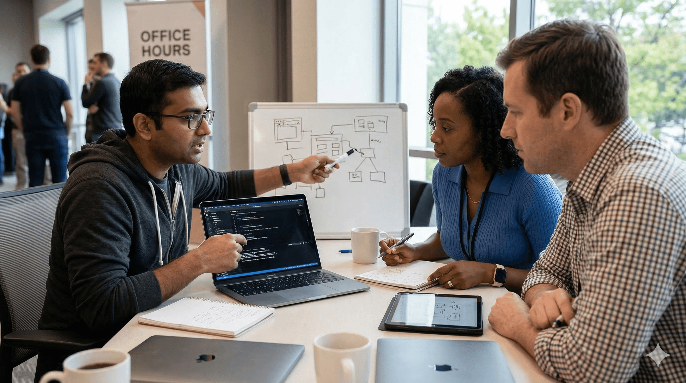 A group of three people engaged in a collaborative discussion at a table with laptops, notebooks, and a whiteboard displaying a flowchart in an office setting, possibly during a "Code with Claude: Live Demos" event.