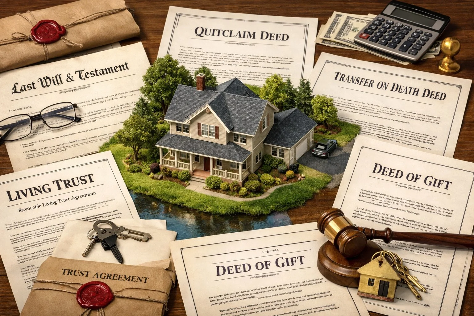 Property surrounded by legal documents for wills, trusts, and transfer deeds, illustrating different methods of property transfer.