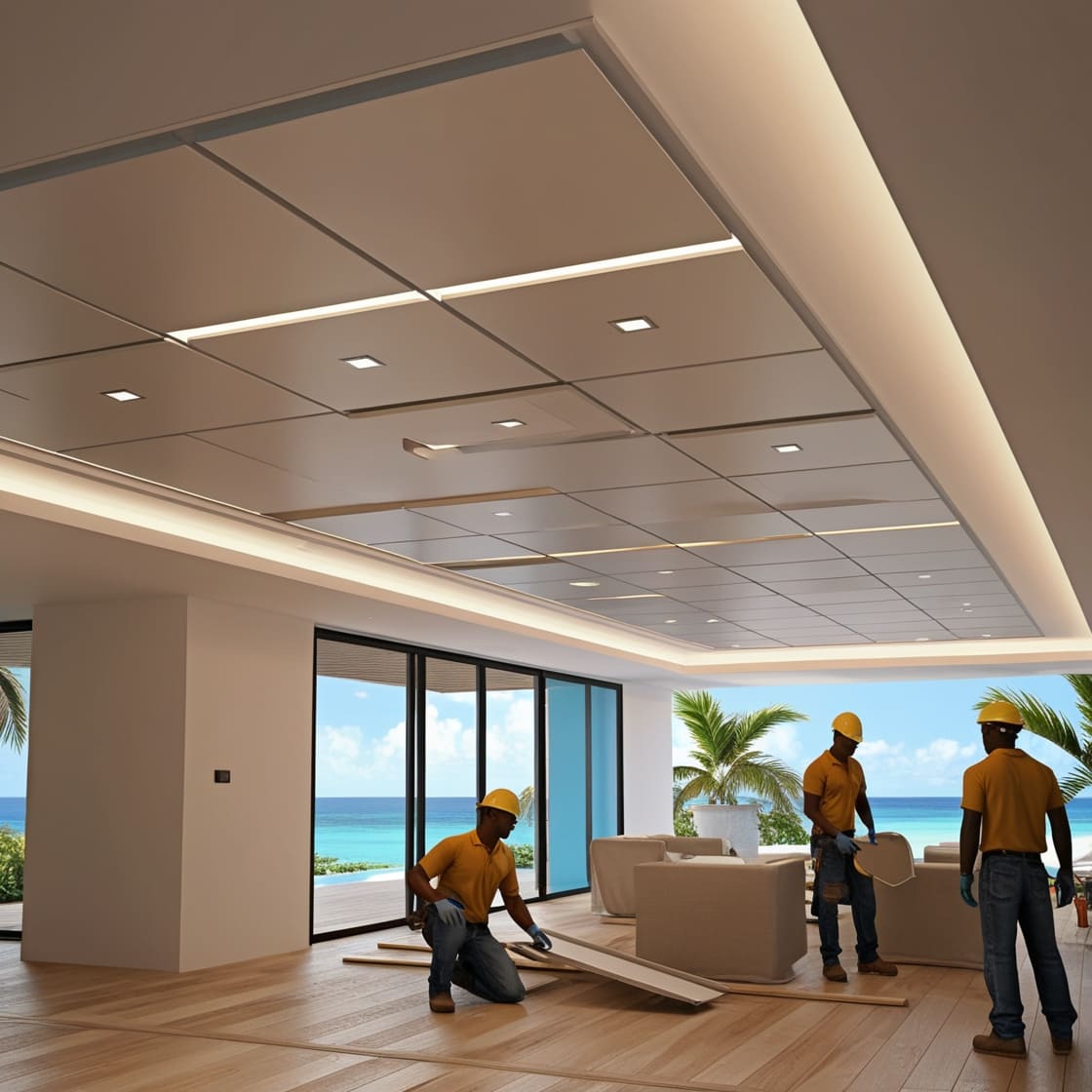 Installation d’un faux plafond moderne dans une pièce lumineuse aux Antilles, avec des ouvriers en tenue de sécurité posant des panneaux et intégrant un éclairage LED, face à une vue tropicale en arrière-plan.