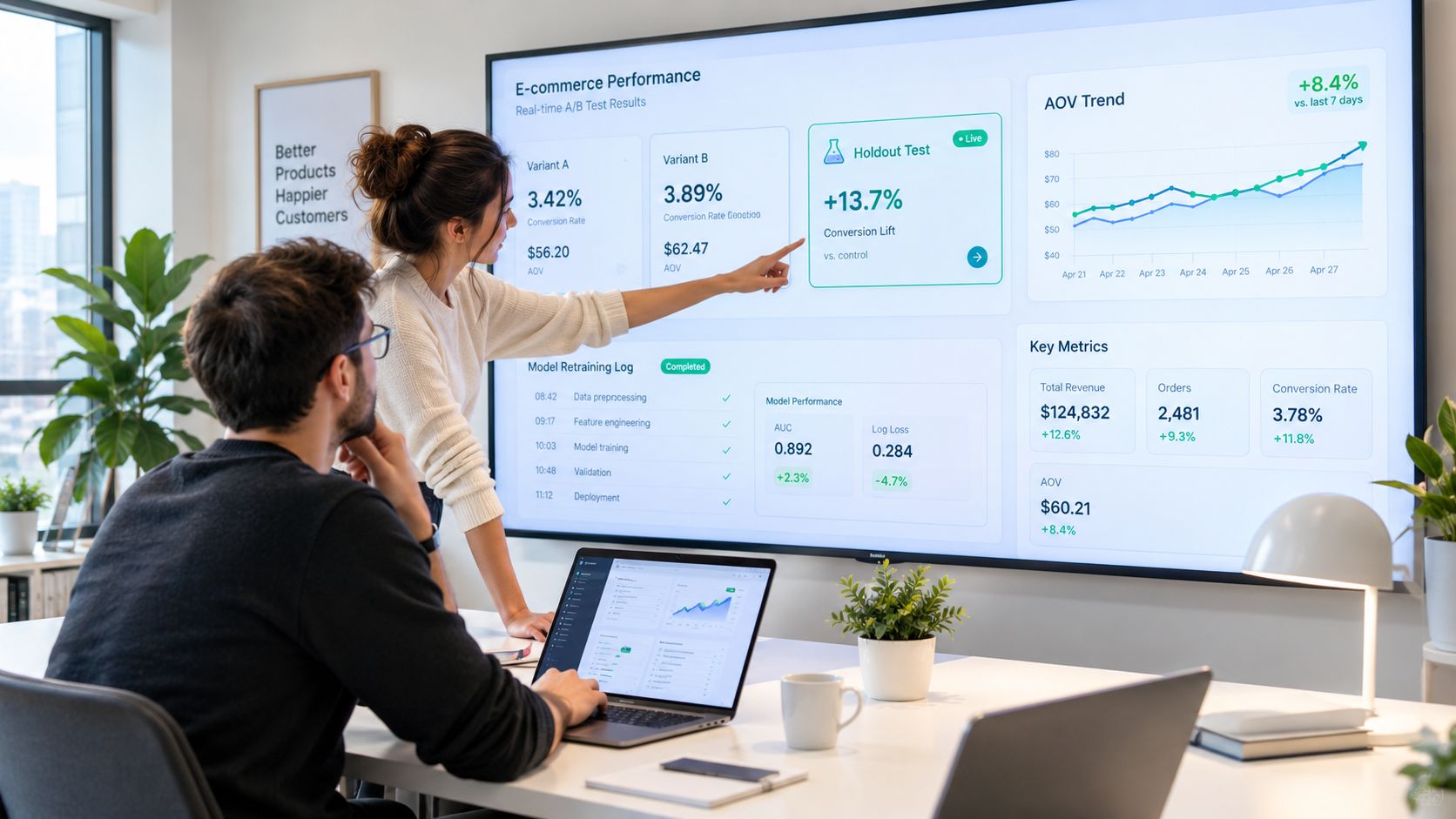 A woman pointing at a large wall-mounted monitor displaying e-commerce analytics while a man works on a laptop.