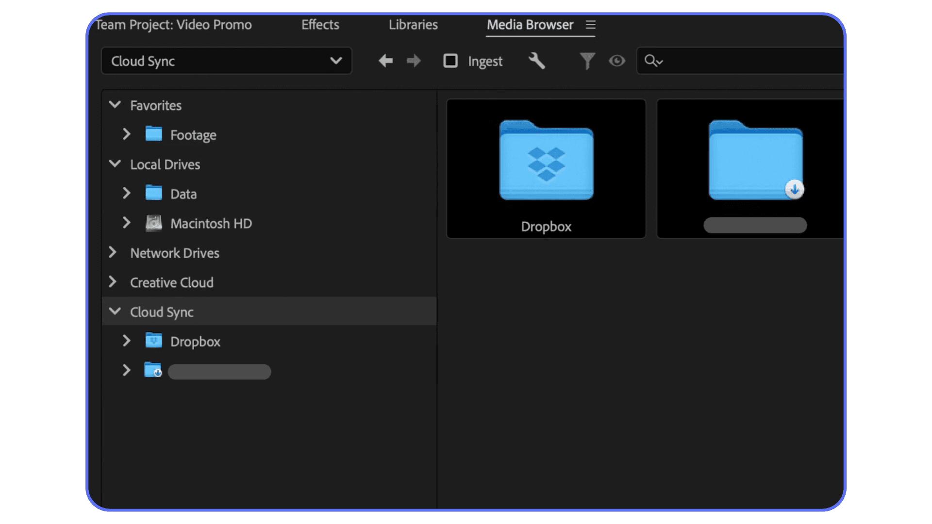 Premiere Pro Media Browser panel showing cloud sync folders and local drives