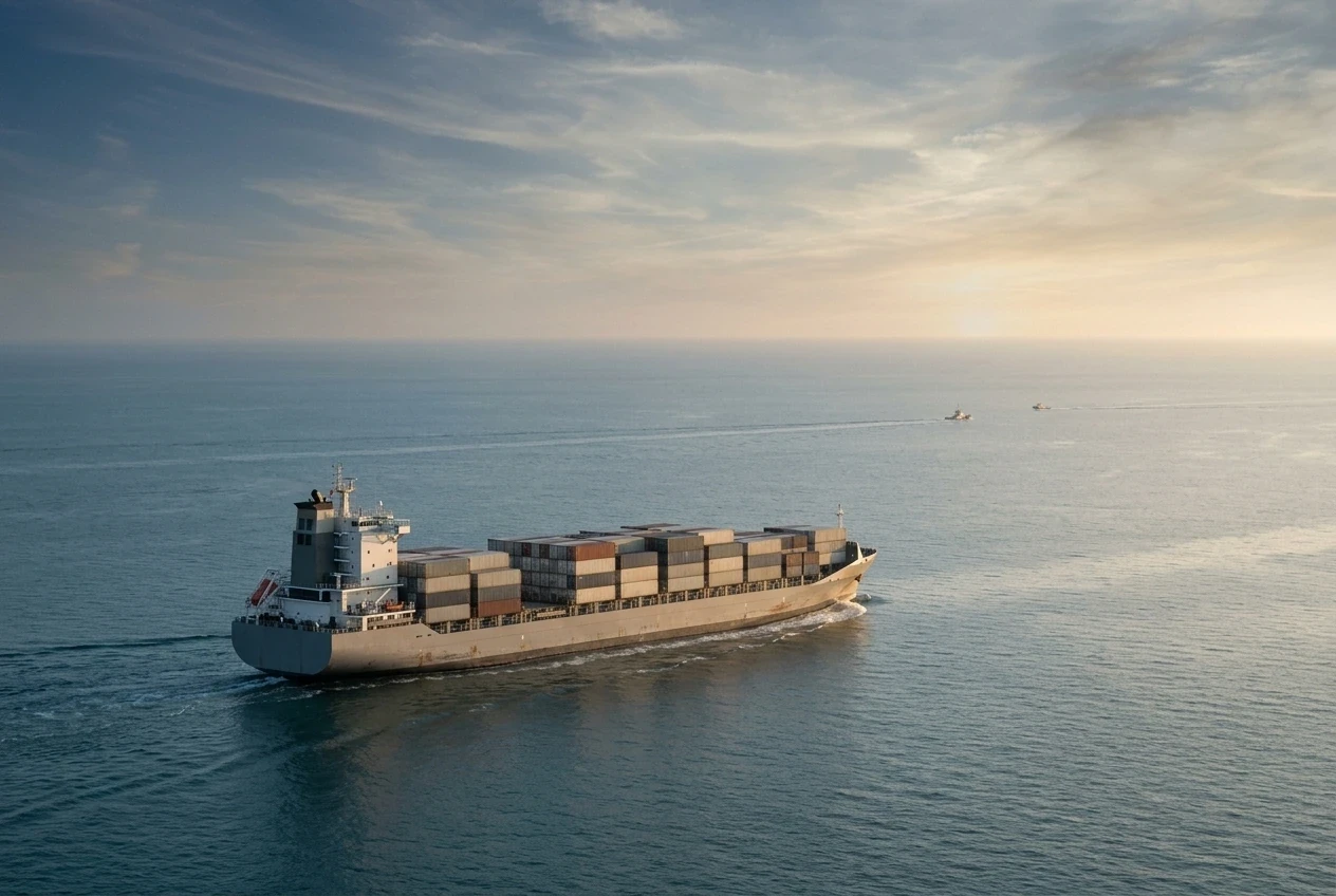 Cargo ship crossing a calm sea, with small boats and a hazy coastline in the background