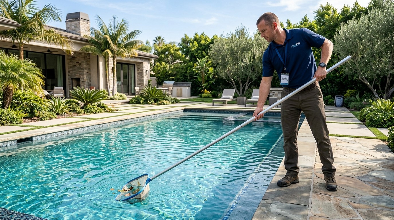 Clean residential backyard pool maintained for weekly use