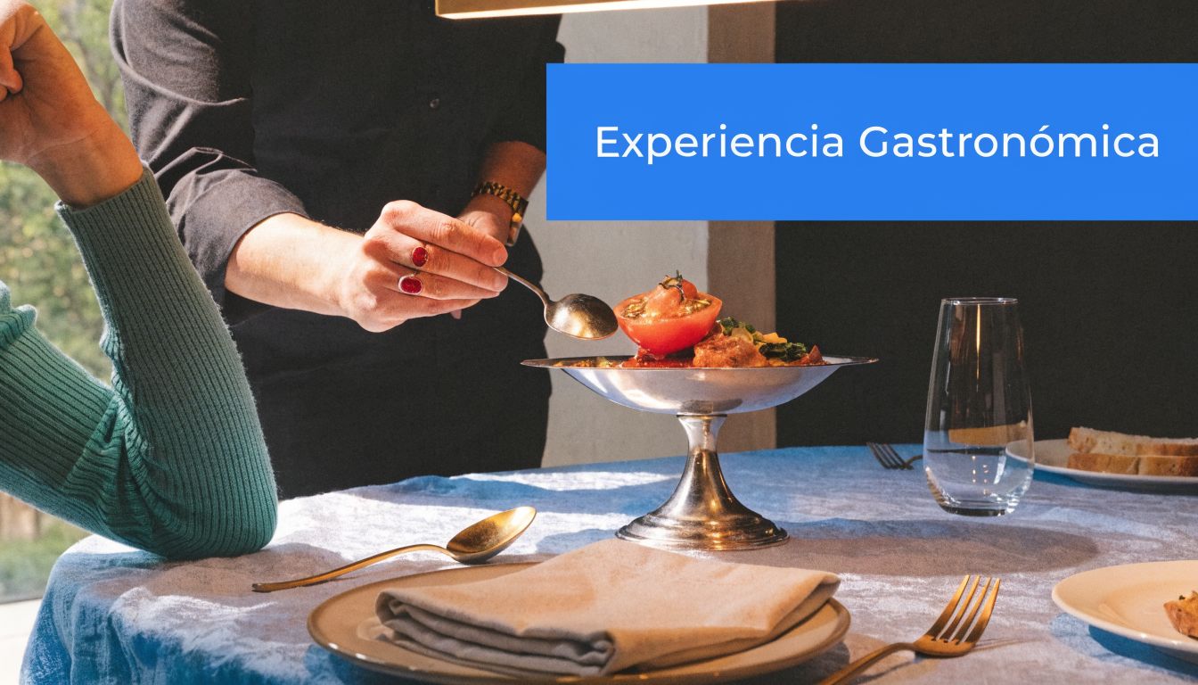 Un camarero sirve con cuidado un plato gourmet en una mesa elegante de un restaurante exclusivo.