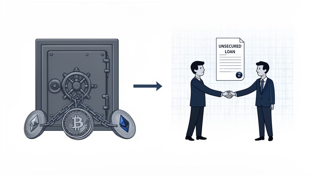 Cryptocurrency (Bitcoin, Ethereum) locked in a safe, representing an unsecured loan handshake.