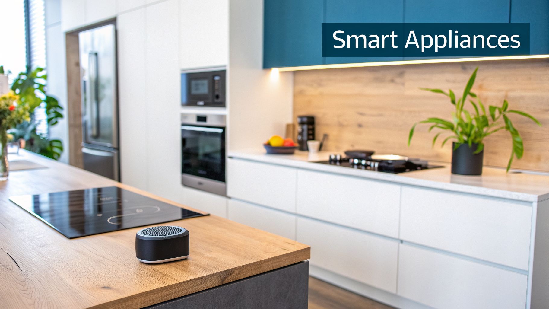 Modern kitchen with smart appliances: a speaker on a wooden island, induction hob, fridge, microwave, and oven.