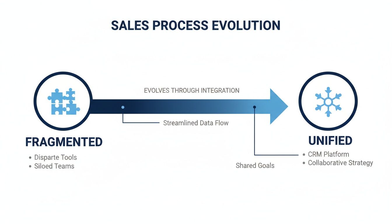 Diagram illustrating sales process evolution from fragmented tools to a unified CRM platform through integration.