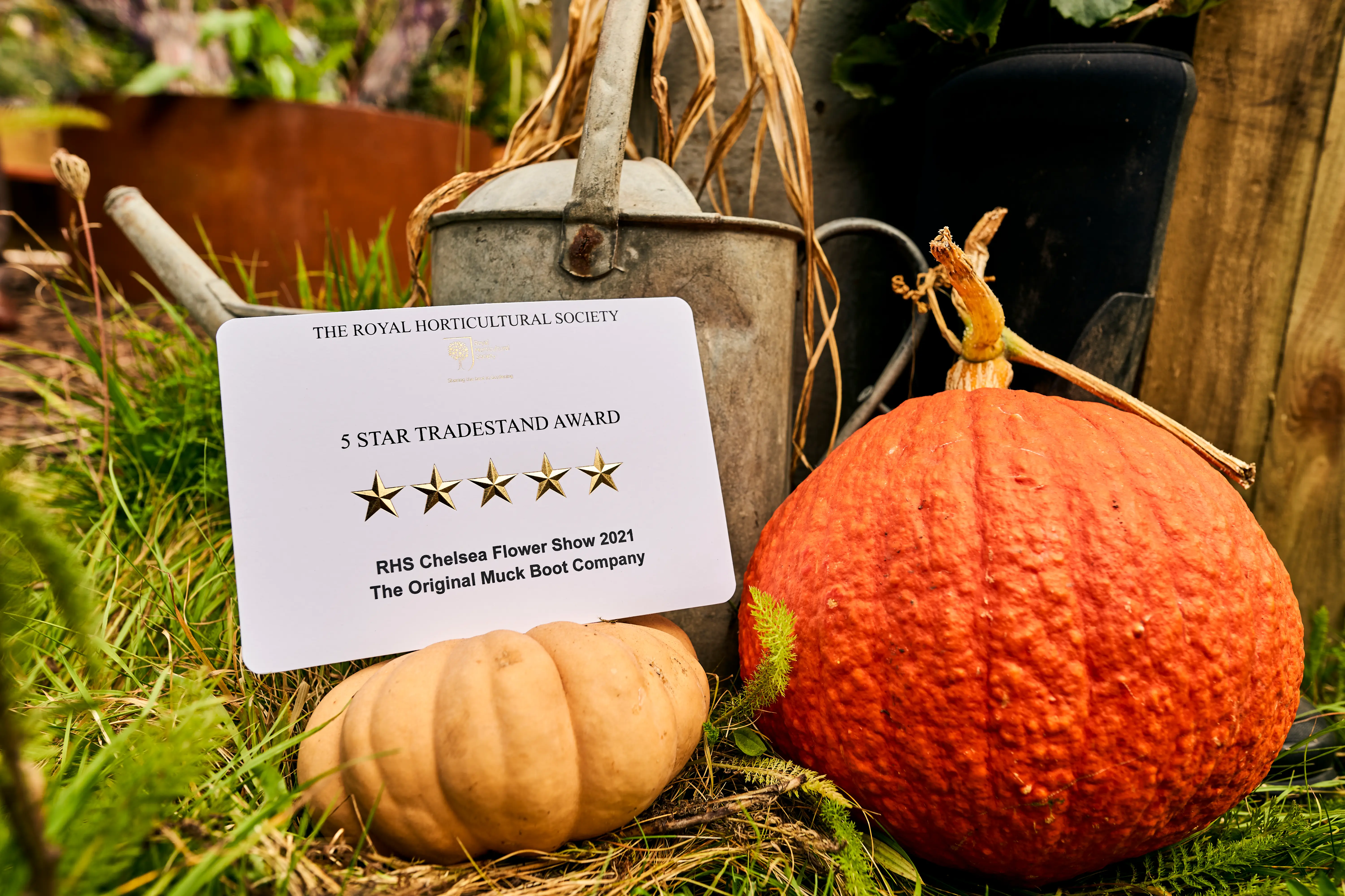 A decorative arrangement featuring orange and white pumpkins with a sign reading "GRATEFUL" nestled among greenery.