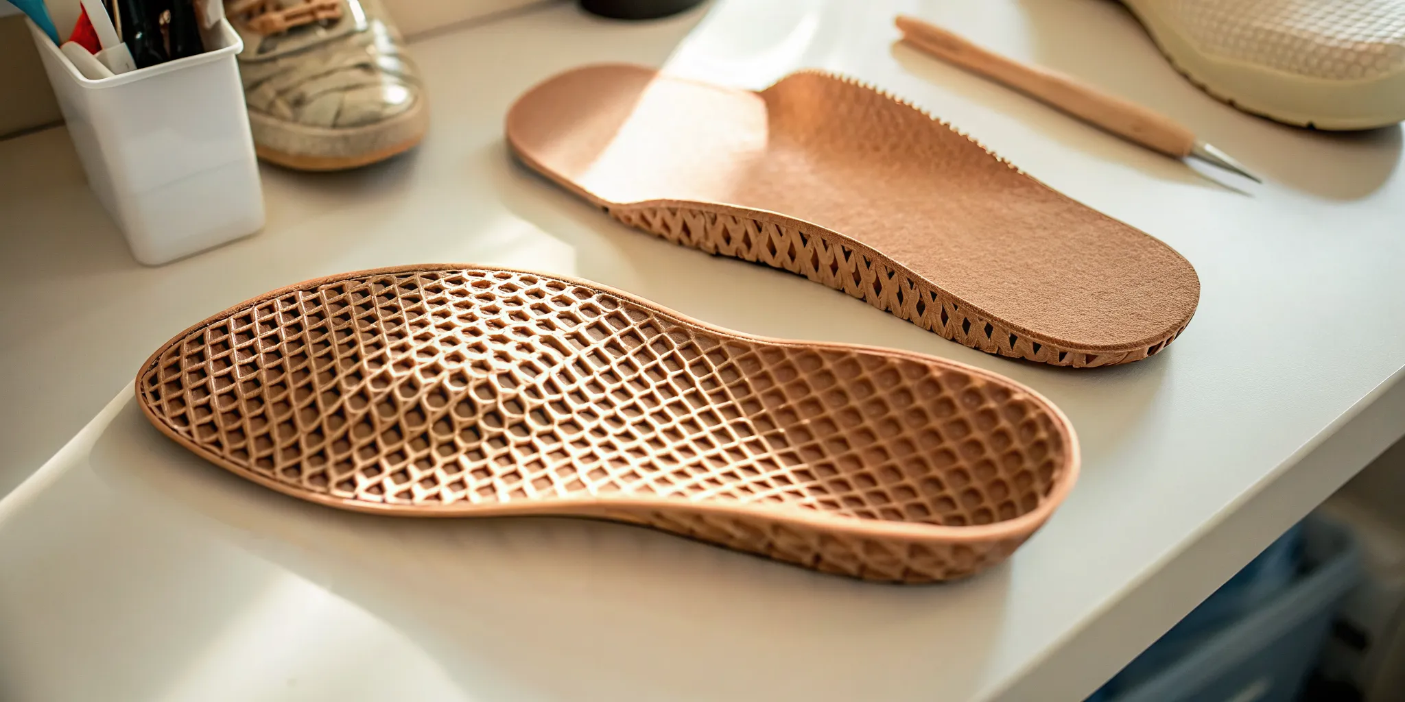 Custom 3D-printed orthotic device next to a standard foam shoe insert on a medical office table