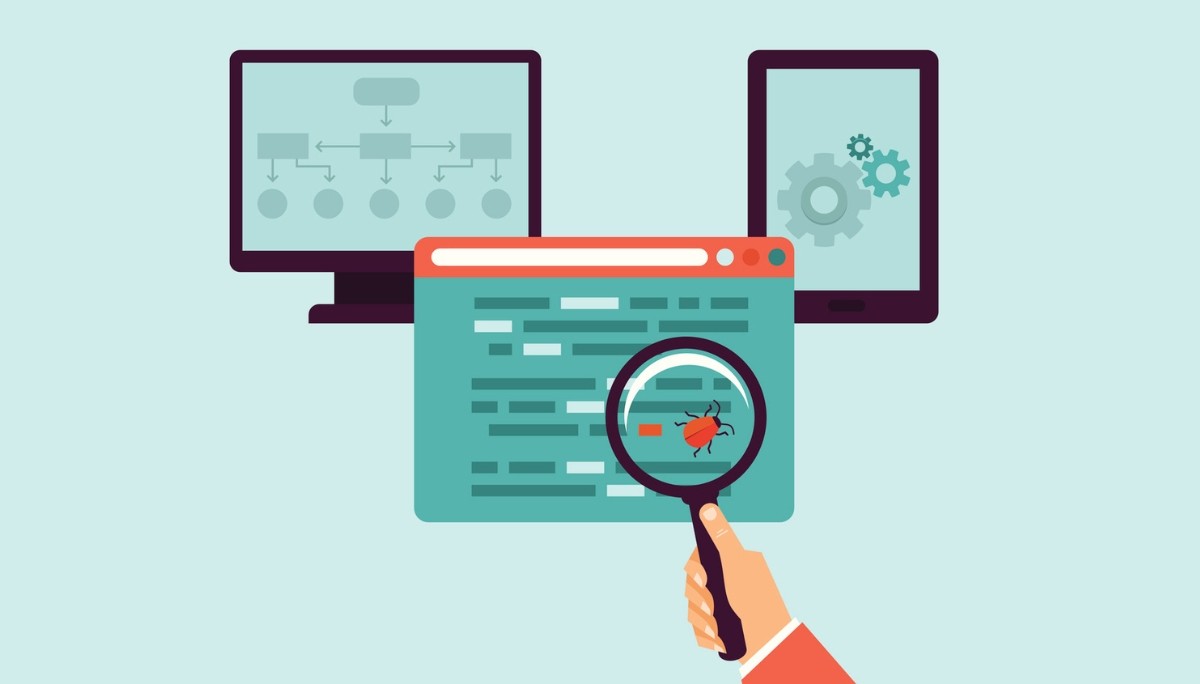 Illustration of software engineers debugging code with flowcharts, gear icons, and a magnifying glass highlighting a bug, representing top static code analysis tools in 2025 and their features, pricing, and performance comparisons.