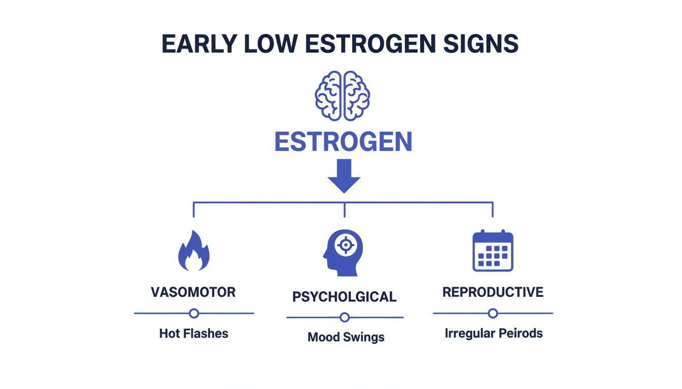 Diagram showing early low estrogen signs, including vasomotor, psychological, and reproductive symptoms.