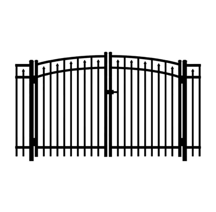Black-and-white illustration of an arched aluminum double drive gate with a smooth top rail and internal spear detailing.