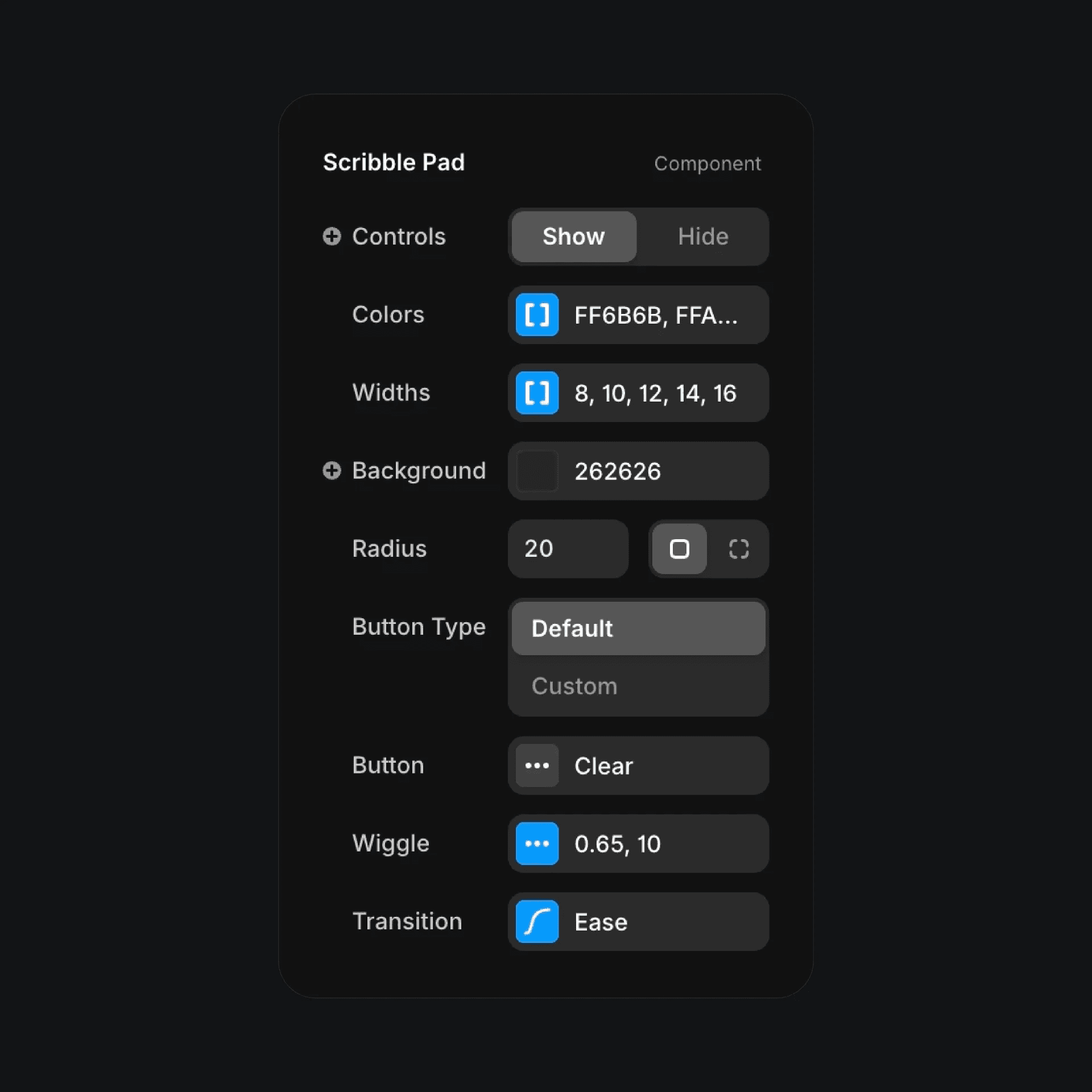 Framer Scribble Pad settings panel with controls