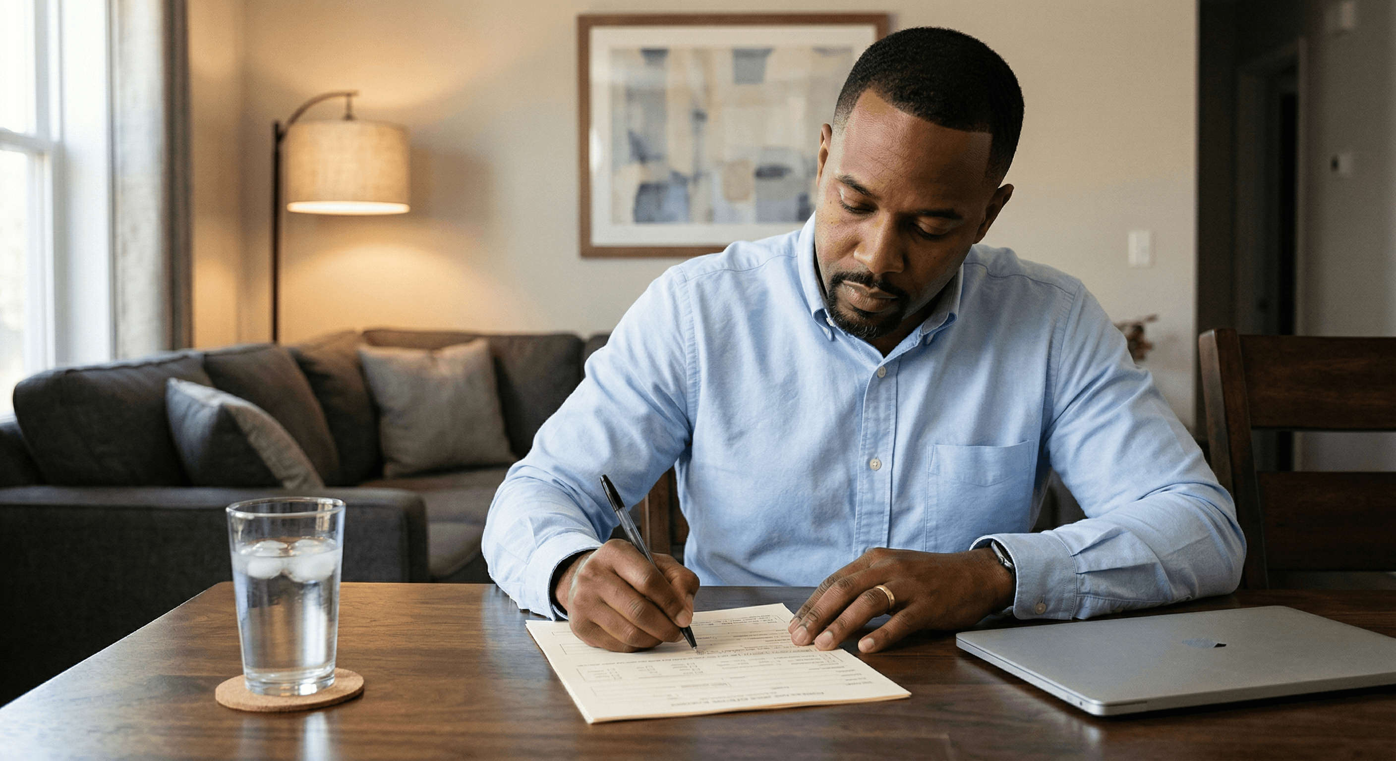 Employee filling out an ADA accommodation request form at a home desk before submitting it to HR
