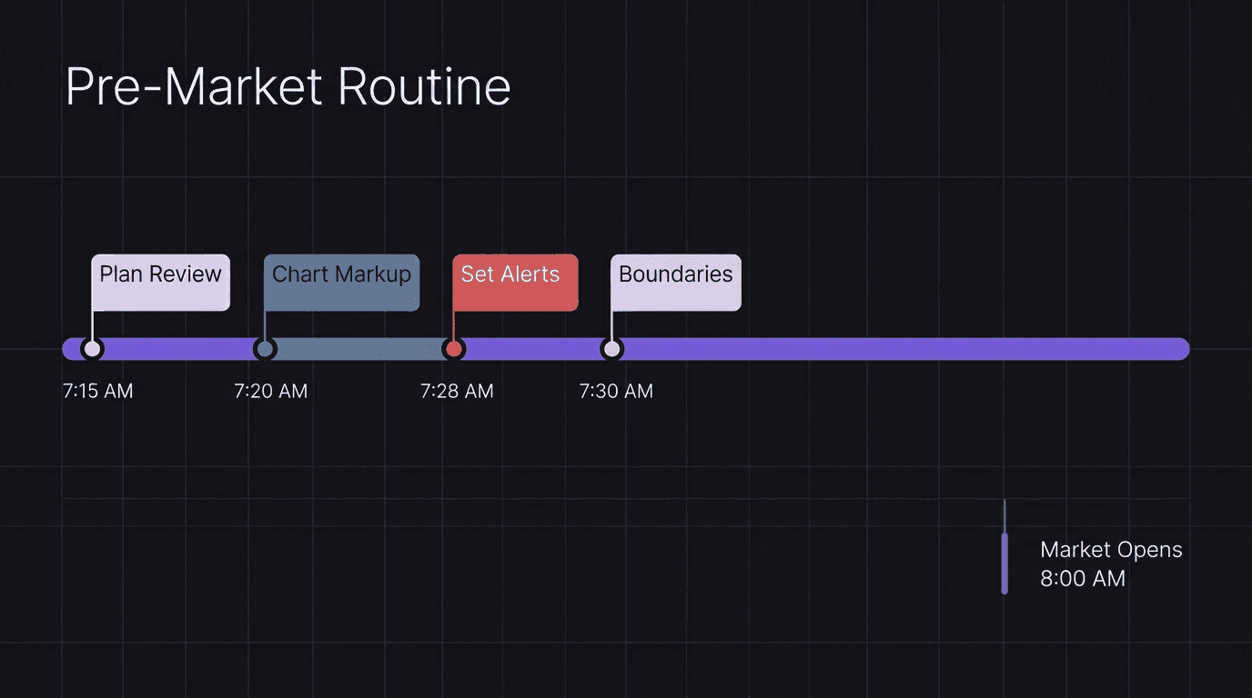 Horizontal timeline showing a 15-minute pre-market routine from plan review to chart markup to alerts to boundaries
