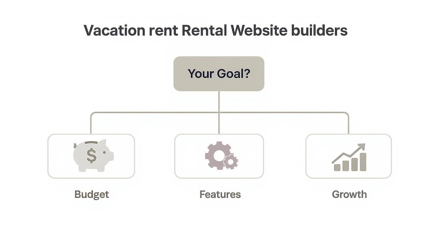 A diagram illustrating vacation rental website builder goals, breaking down into budget, features, and growth.