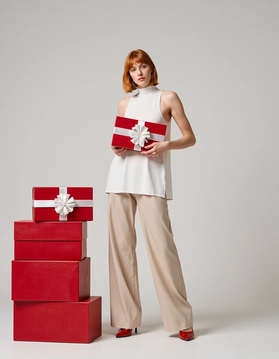 Woman in elegant white outfit holding red gift box with white ribbon bow surrounded by stacked presents
