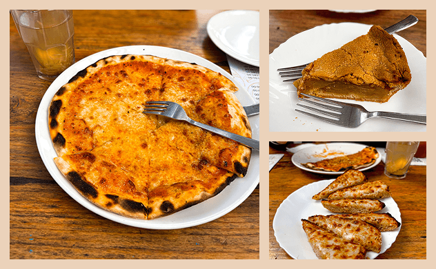 woodfired pizza, garlic bread and apple pie at Varanasi