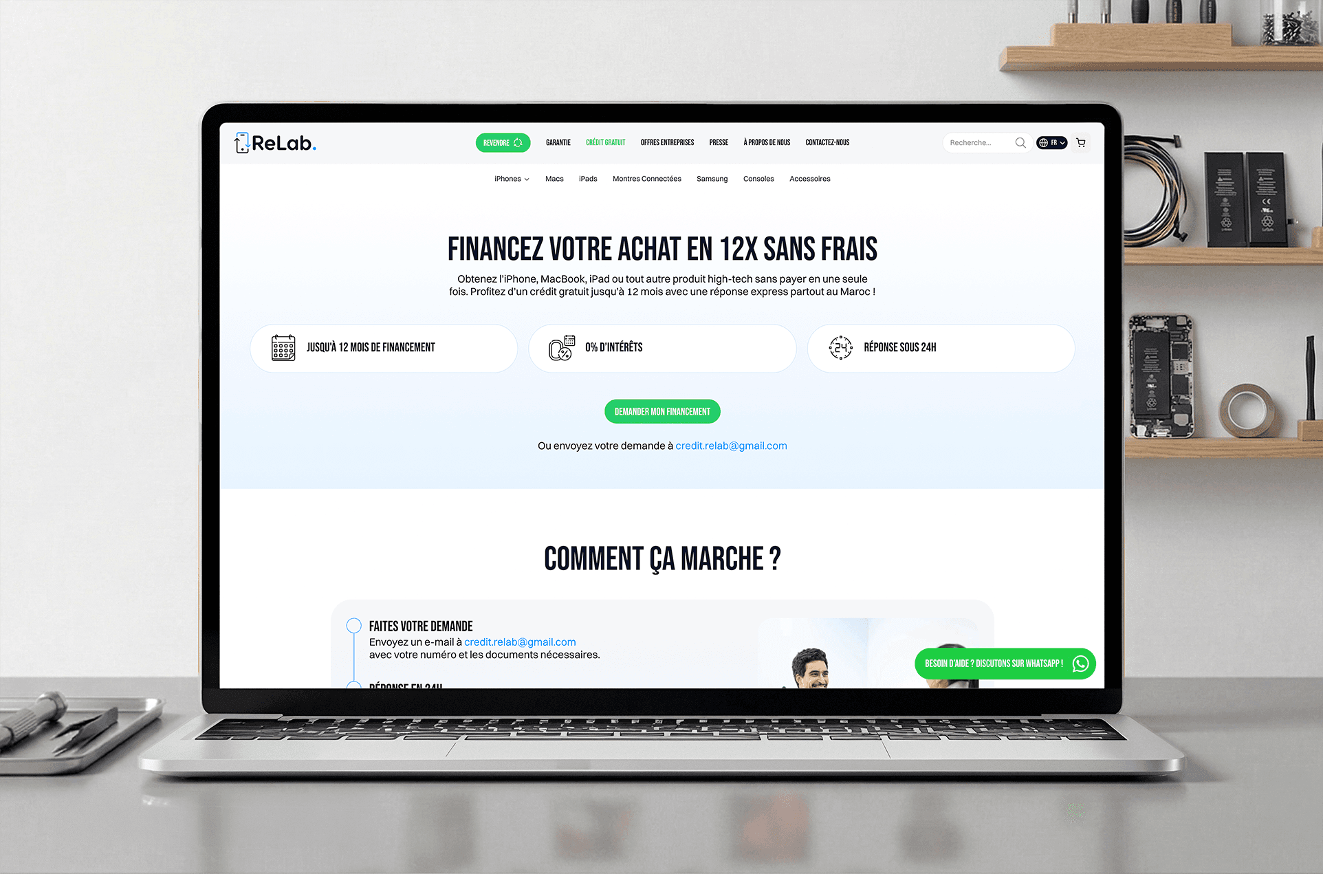 La page expliquant le crédit gratuit sur le site Relab.ma réalisée par Novaa.studio.