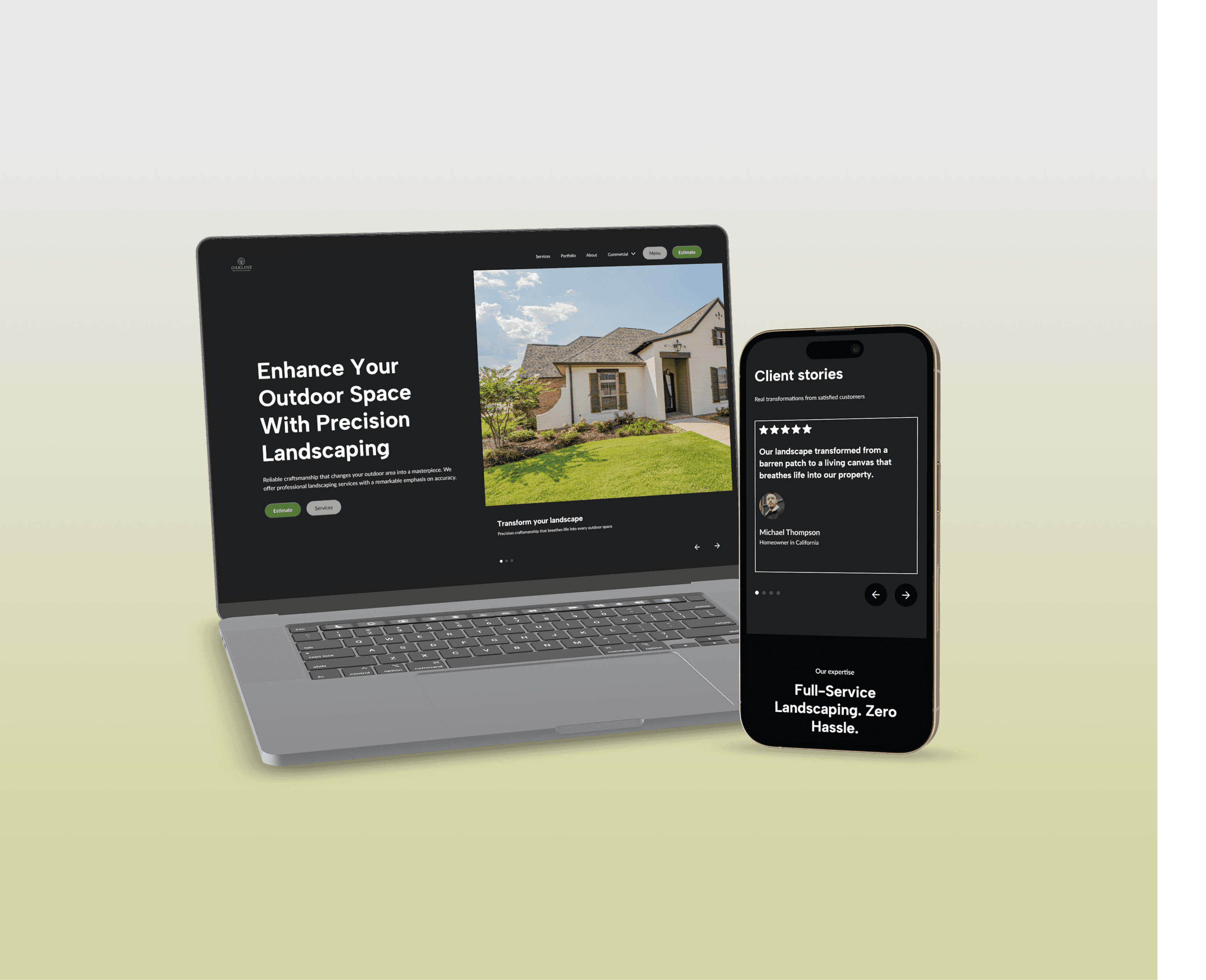 Laptop and phone showcasing outdoor landscaping website and client reviews for landscaping services.