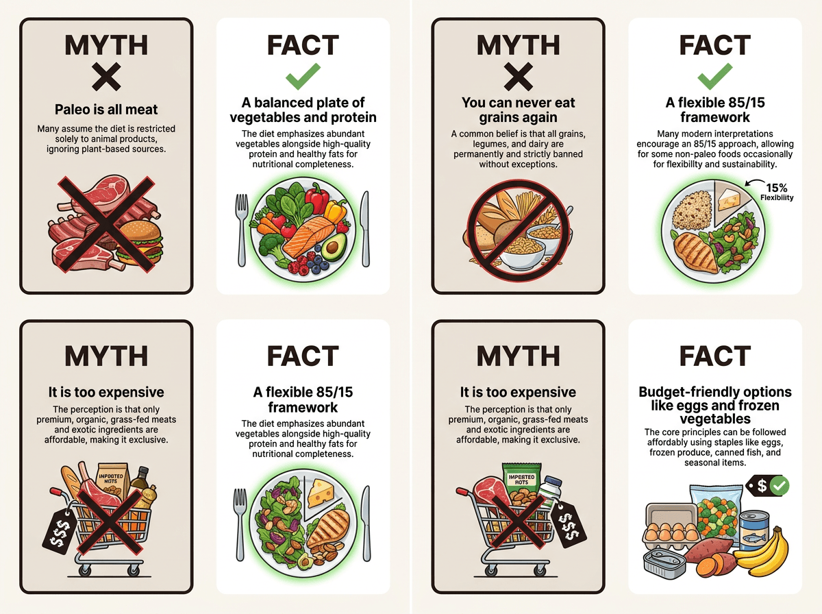 Paleo diet myths versus facts infographic covering common misconceptions