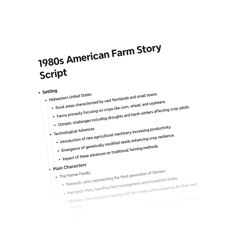 1980s American Farm Story script outlining the setting in the Midwestern United States, focusing on farming challenges and technological advances.