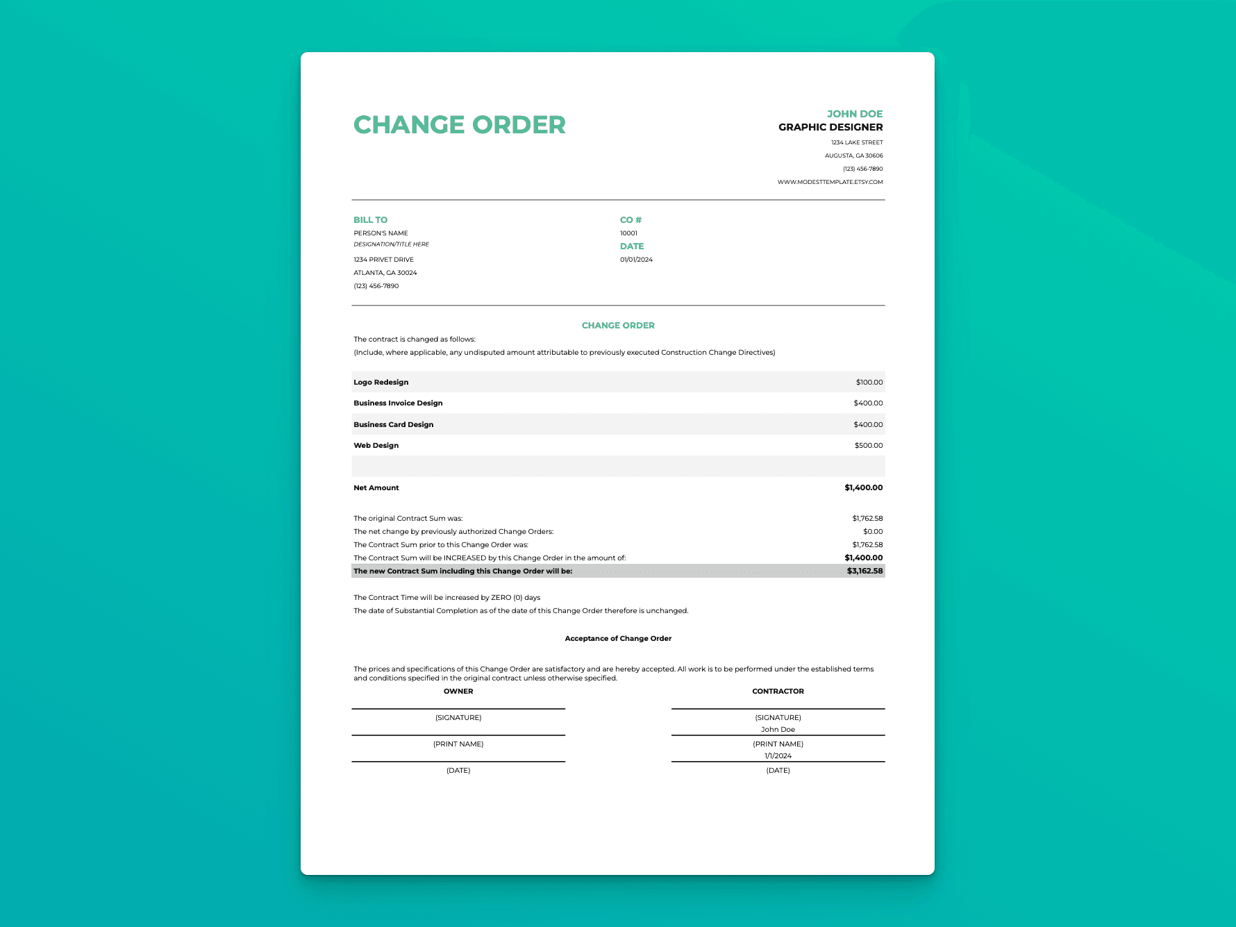 Change Order template showing editable project revisions and updated contract totals in a clean, professional layout.