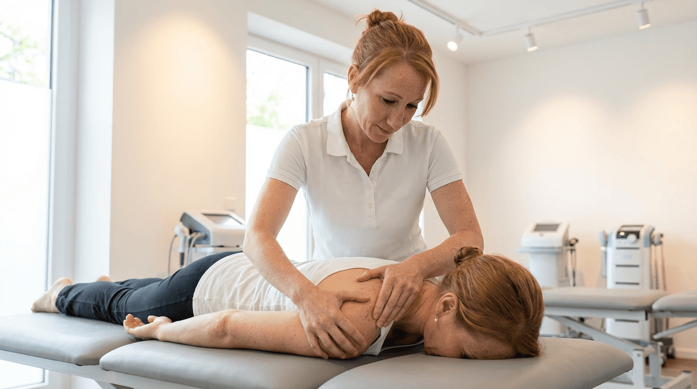 Physiotherapeutin führt manuelle Lymphdrainage an der Schulter einer Patientin durch