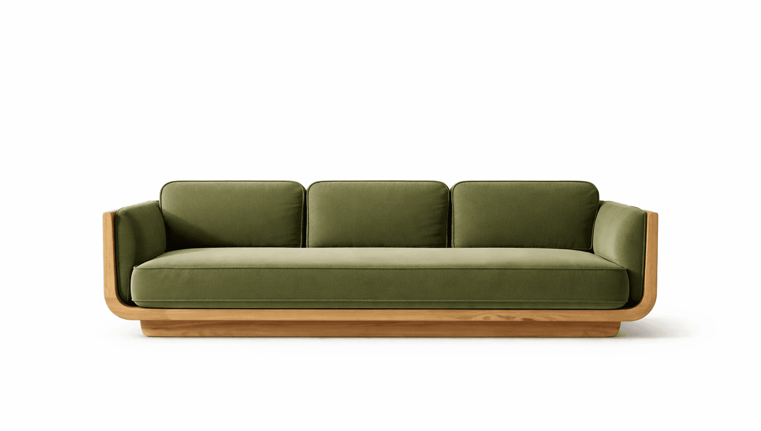 Contemporary cane sofa with olive green upholstery and solid wood frame for luxury living room