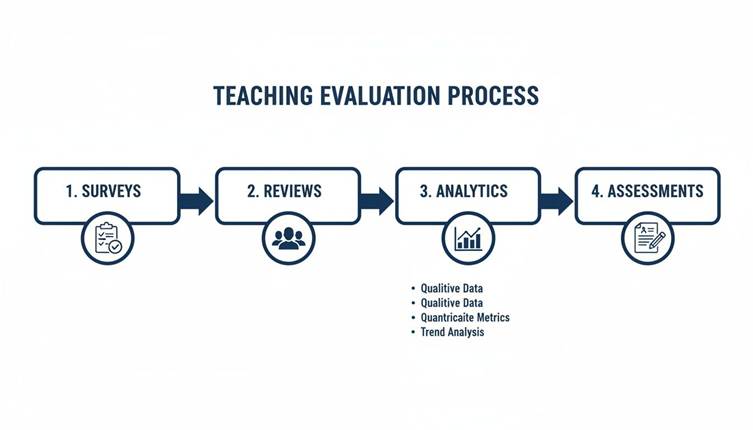 Flowchart illustrating the four-step teaching evaluation process: surveys, reviews, analytics, and assessments.