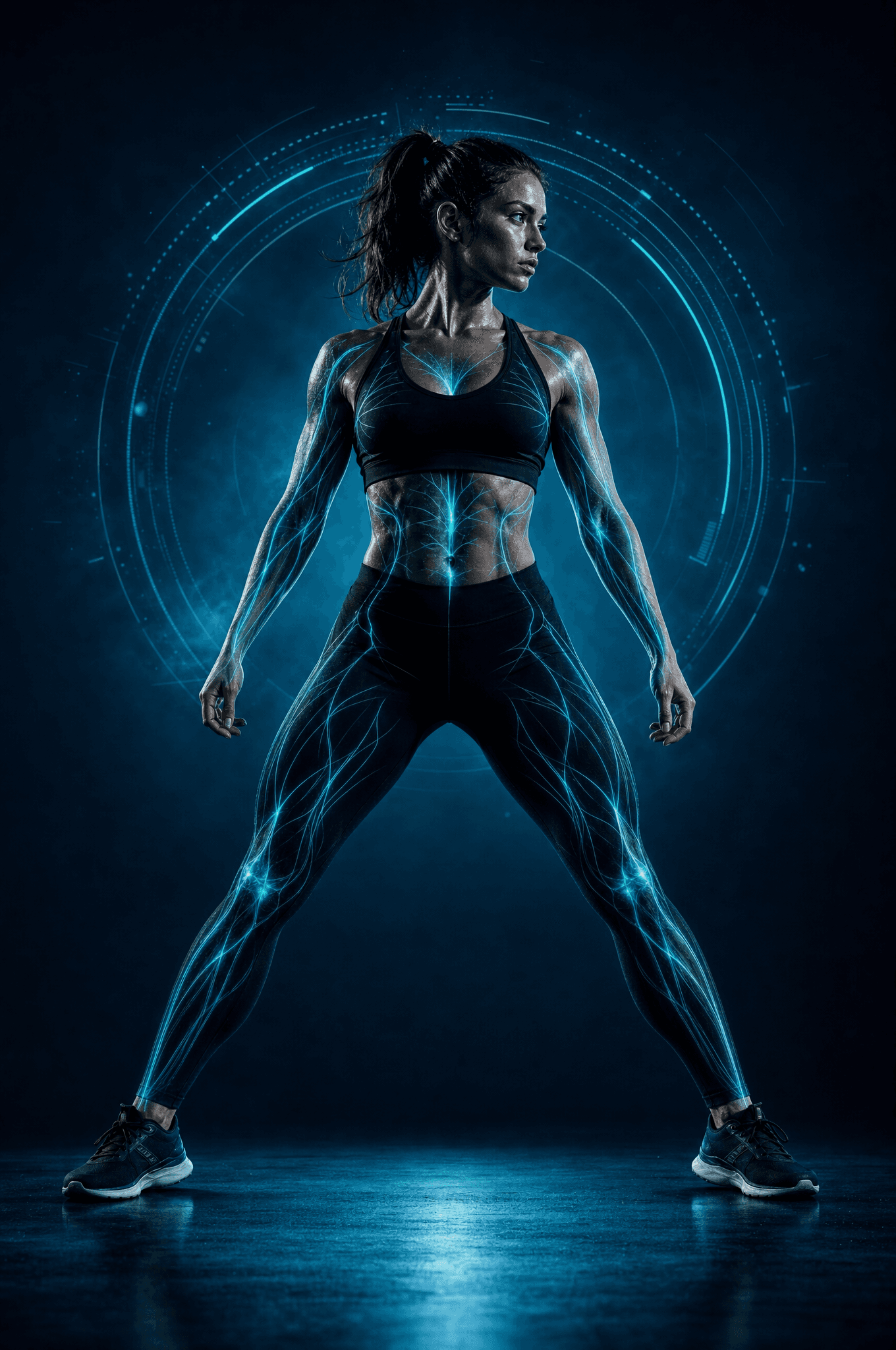 Athlete with glowing muscle-activation map