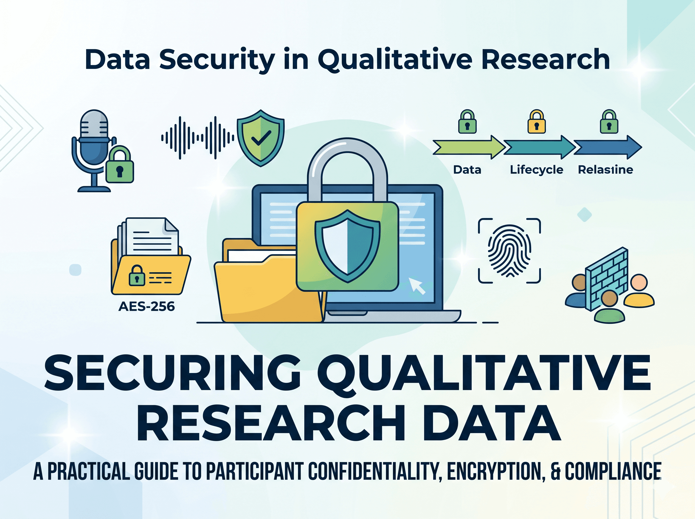 Hero banner for securing qualitative research data, illustrating cybersecurity concepts including AES-256 folder encryption, locked audio recordings, and participant confidentiality