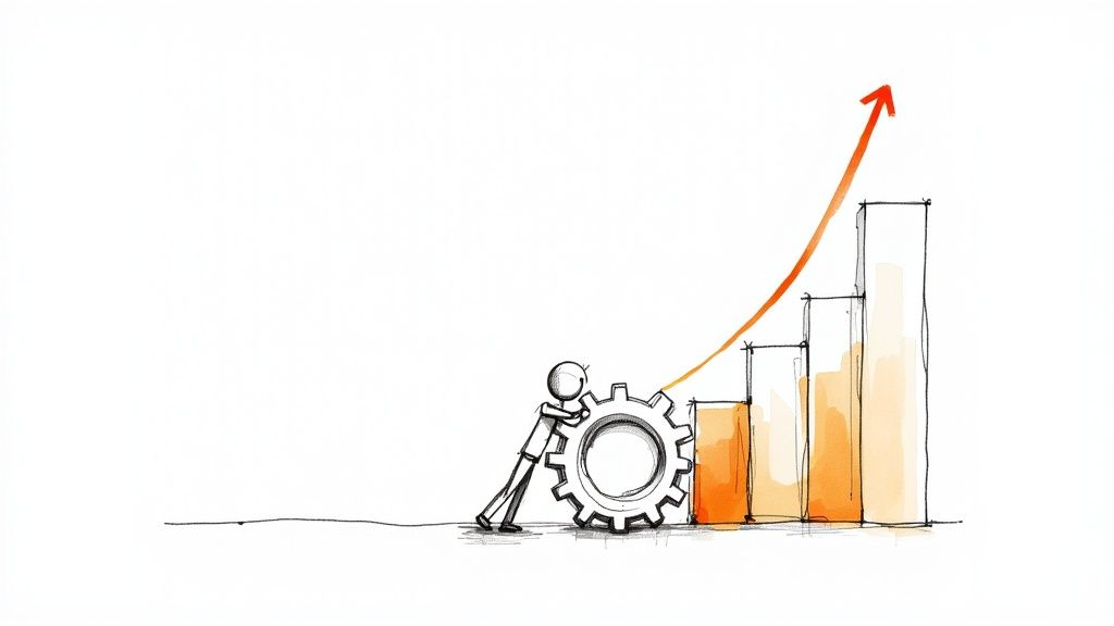 A sketch shows a stick figure pushing a gear, driving an upward-trending bar chart with an orange arrow, symbolizing growth.