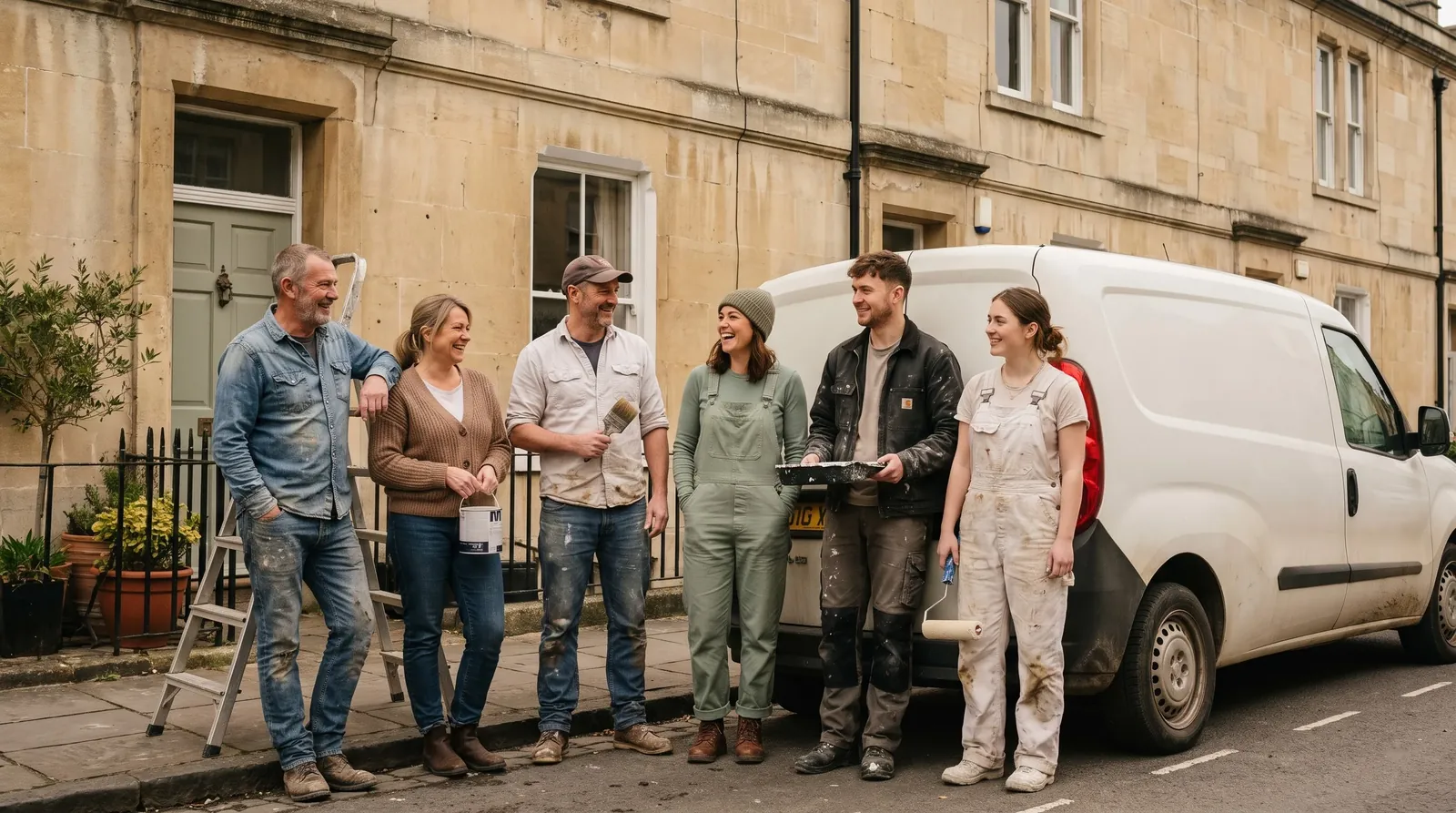 The Dustsheet team standing together beside their van on a Bath street